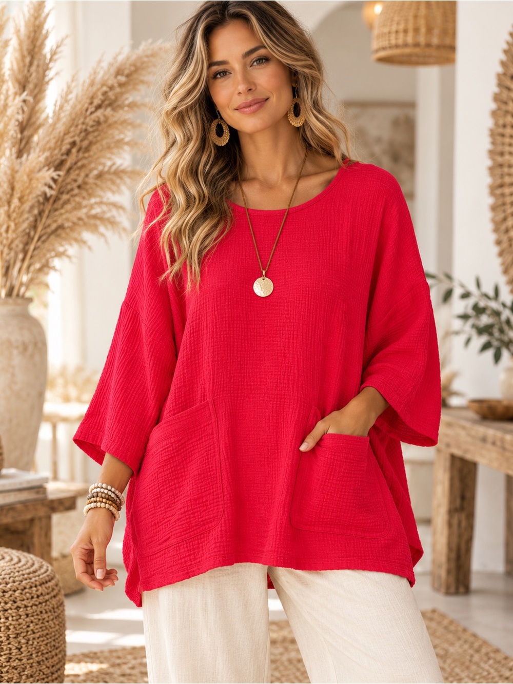 Red Boho Gauze Cotton Pocketed Top
